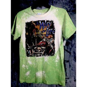 Biker T Shirt Tie Dye Bleached A Way Of Life Womens Distressed Green Small Shirt